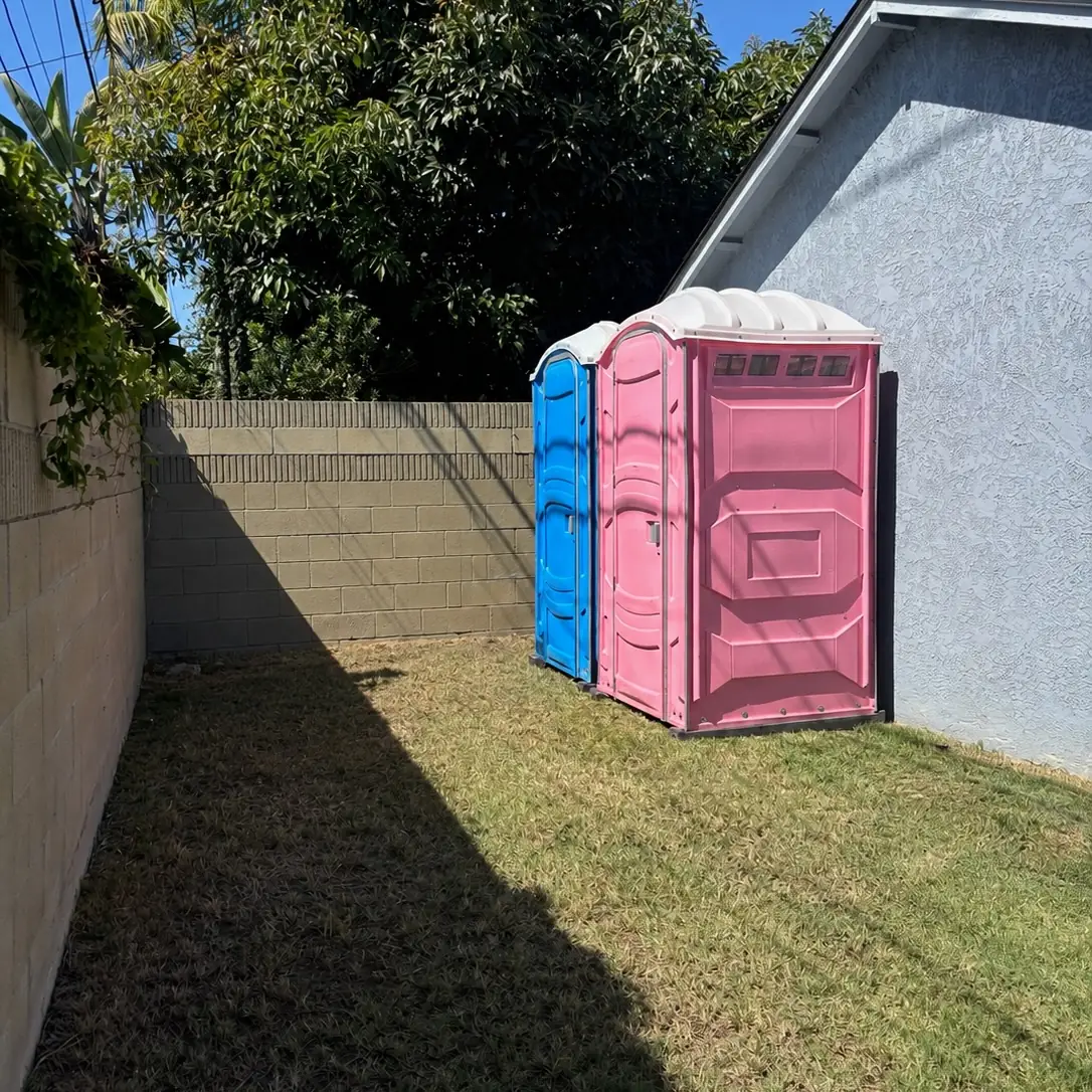 Blue and pink porta potties on grass along a backyard fence