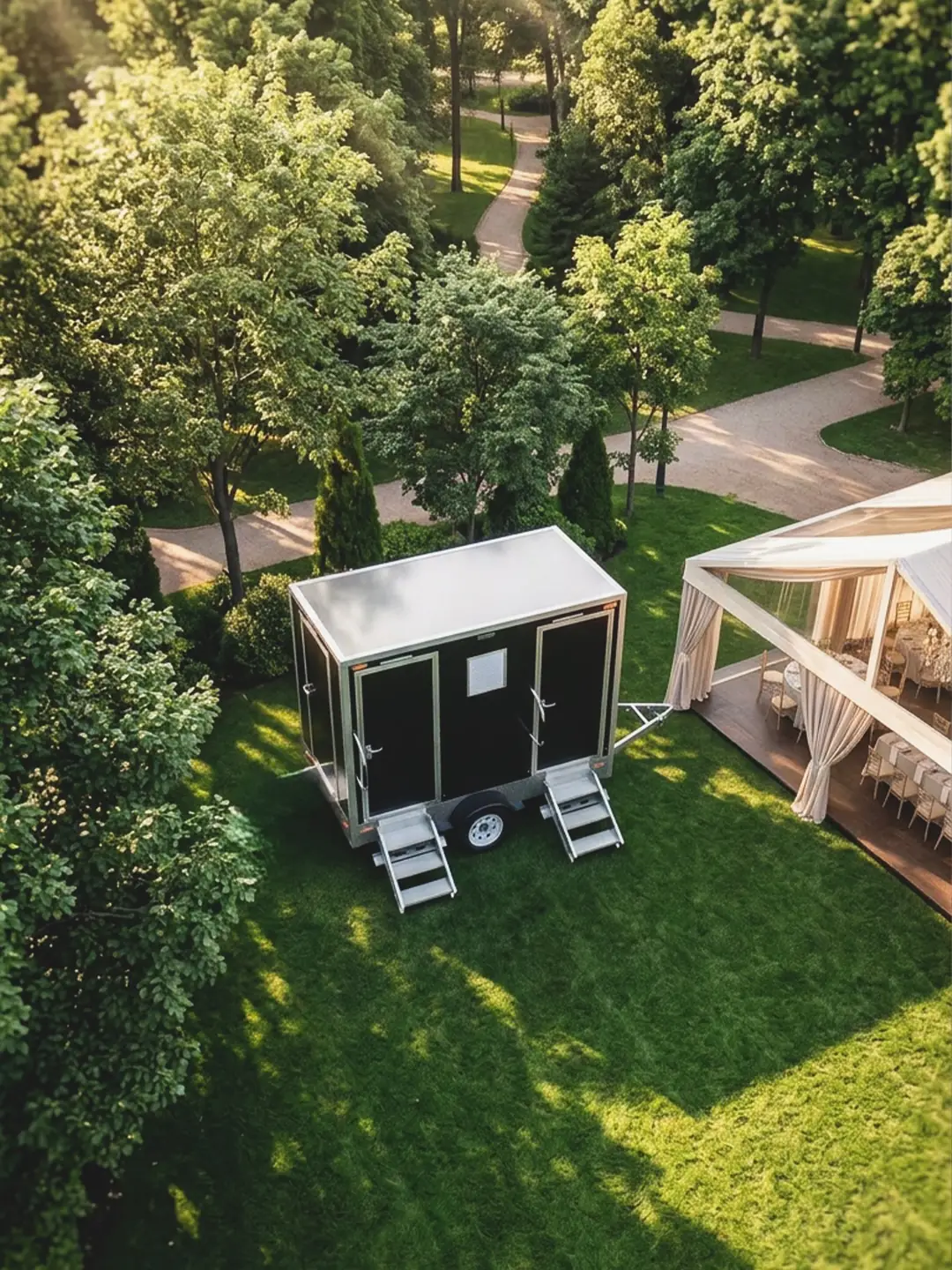 Aerial photo of a restroom trailer parked near a garden wedding setup