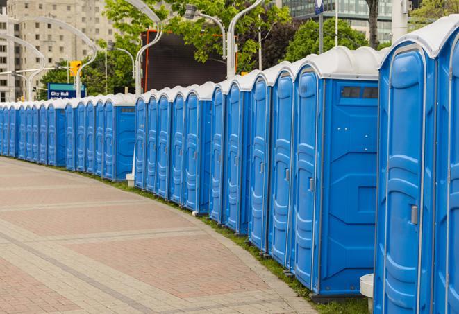 Seasonal porta potty units set up at a Cleveland, Ohio venue